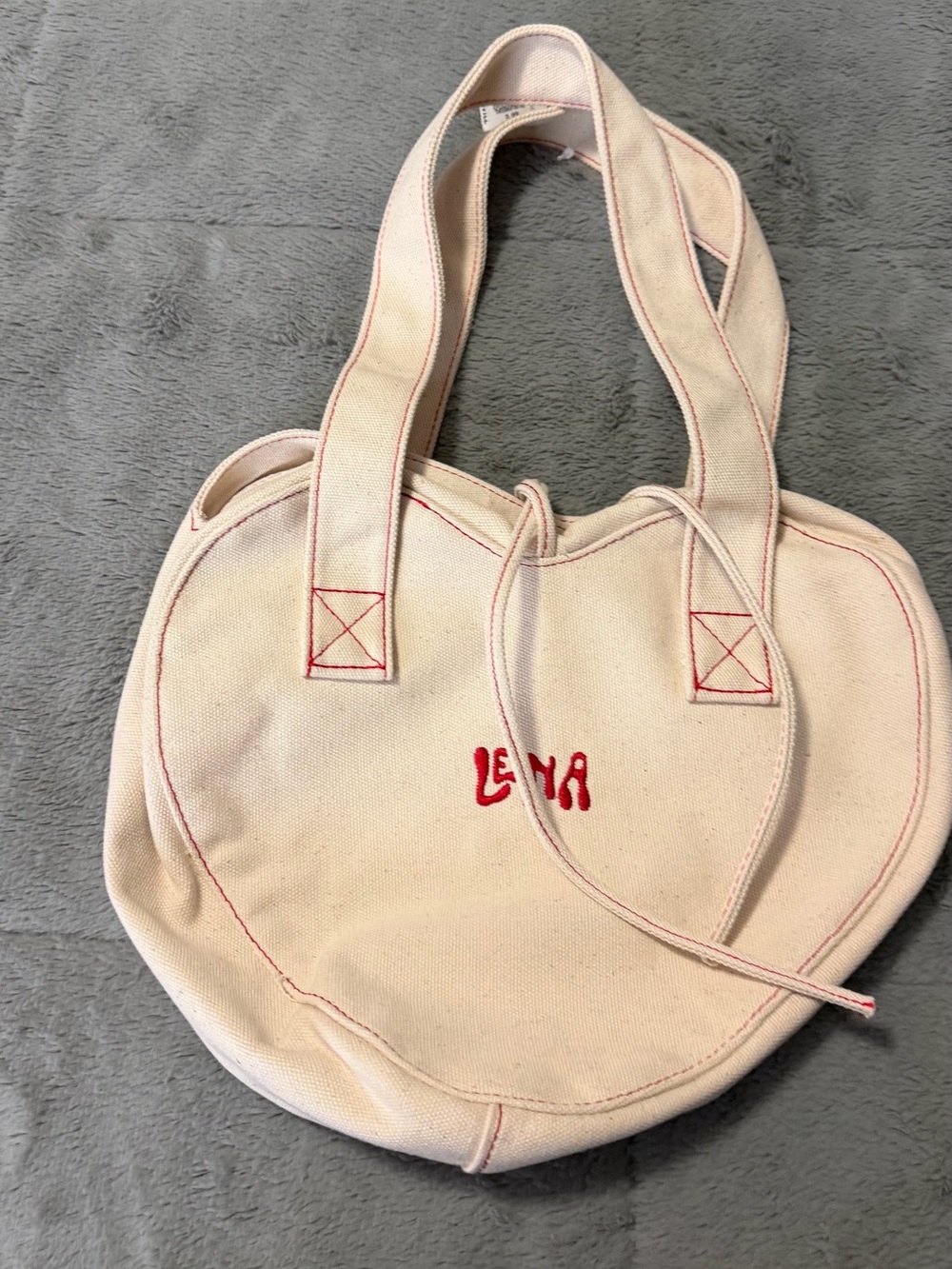 Lena Heart-Shaped Canvas Tote in Light Pink with Red Stitching